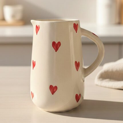 Handpainted white ceramic jug with red heart design – 1 litre microwave safe serving pitcher by ArtyCera