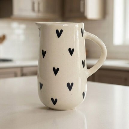 Handpainted ceramic heart jug with black heart design – 1 litre serving pitcher by ArtyCera