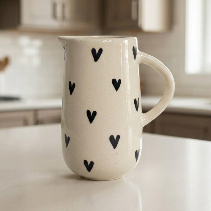 Handpainted ceramic heart jug with black heart design – 1 litre serving pitcher by ArtyCera