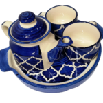 ArtyCera Moroccan Style Blue Ceramic Tea Set, Teapot with Handle and Lid, Serving Tray, and 2 Cups