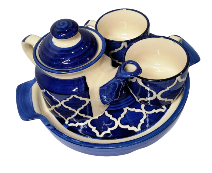 Moroccan style blue ceramic tea set with teapot, two cups and serving tray