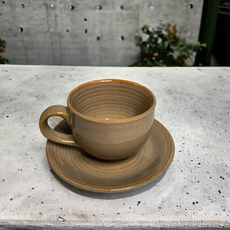 Brown ceramic tea cup with matching saucer