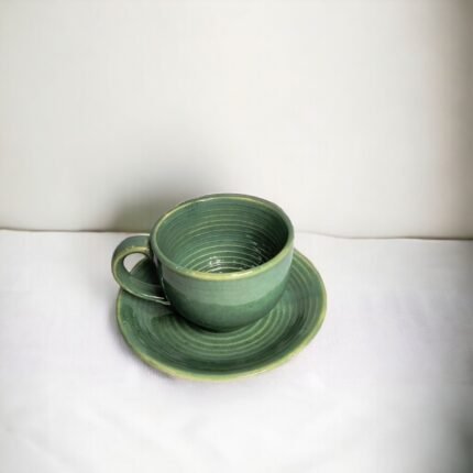 ArtyCera Ceramic Green Olive Gloss Finish Tea/Coffee Cups and Saucers, 200 ml, Dishwasher and Microwave Safe