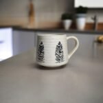 ArtyCera Handmade Ceramic Coffee Mug, 330 ml, White, Pine Tree Engraved Design