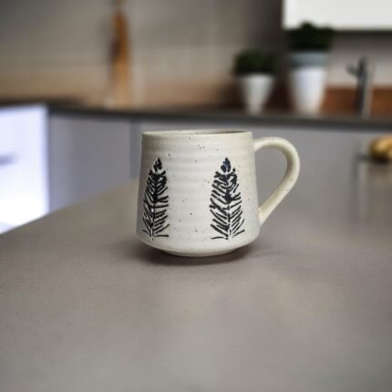 ArtyCera Handmade Ceramic Coffee Mug, 330 ml, White, Pine Tree Engraved Design