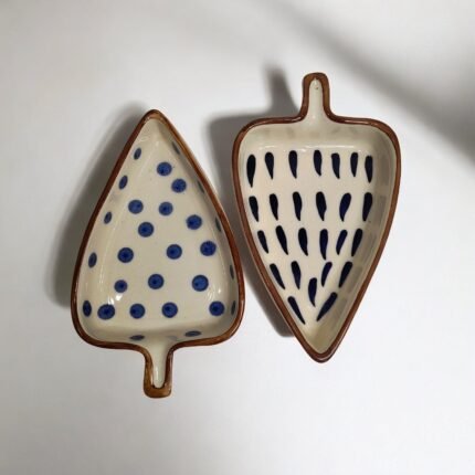 ArtyCera Ceramic White Serving Platters, Set of 2, Polka Dots and Stripes Pattern, 6 inches Length, Ideal for Serving Starters