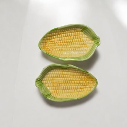 Ceramic Corn Shaped Serving Platter, 6 inches, Set of 2, Yellow and Green, for Starters and Snacks