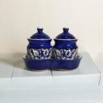 Handpainted Ceramic Pickle Set with 2 Jars and Tray, 10cm Height, Blue and White, Ideal for Pickle, Sauce, Chutney and Curd, Microwave Safe