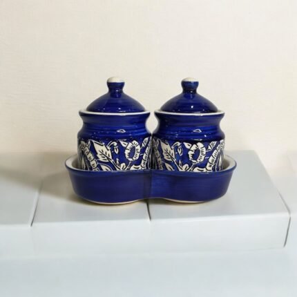 Handpainted Ceramic Pickle Set with 2 Jars and Tray, 10cm Height, Blue and White, Ideal for Pickle, Sauce, Chutney and Curd, Microwave Safe
