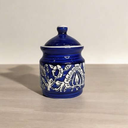 Blue and white ceramic jars for pickle, chutney, sauce and condiments