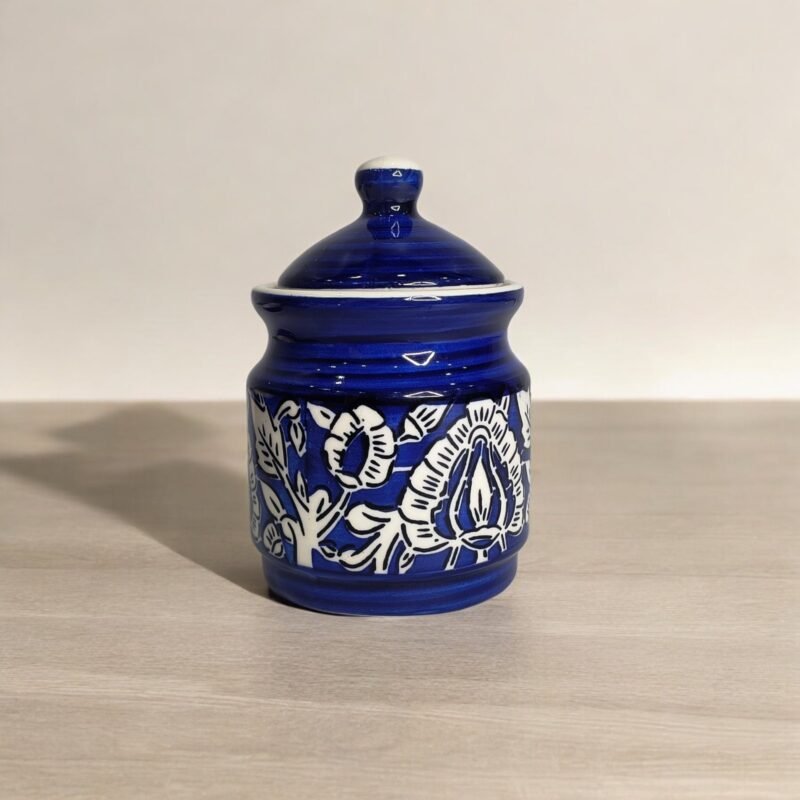 Blue and white ceramic jars for pickle, chutney, sauce and condiments