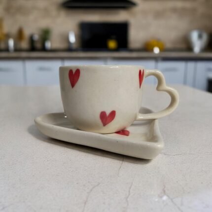 Ceramic Heart Shaped Cup and Saucer Set, 200 ml Capacity, Ideal for Gifting on Birthdays and Anniversaries| Heart Shaped Handle and Saucer