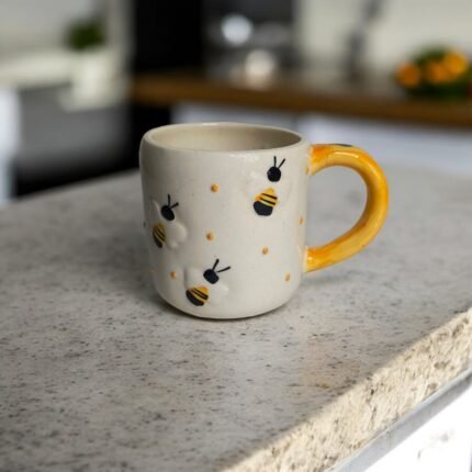 ArtyCera Handpainted Ceramic Honeybee Mug, 220 ml, White and Yellow, Ideal for Gift and Personal Use