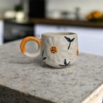 Handpainted White Ceramic Sunflower Mug, 200 ml, Yellow and Green, Microwave Safe, Ideal for Gifitng and Personal Use