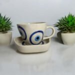 Ceramic Evil Eye Cup & Saucer Set, 200 ml, Ideal for Gifting, Microwave and Dishwasher Safe
