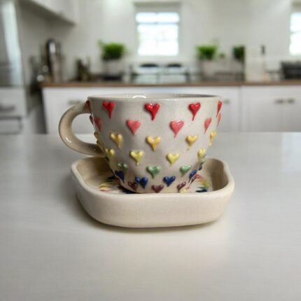 Ceramic 3D Multicolour Hearts Cup and Saucer, 220 ml Capacity, Microwave and Dishwasher Safe