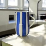 Handpainted blue striped ceramic jug – 1 litre microwave safe beverage pitcher by ArtyCera