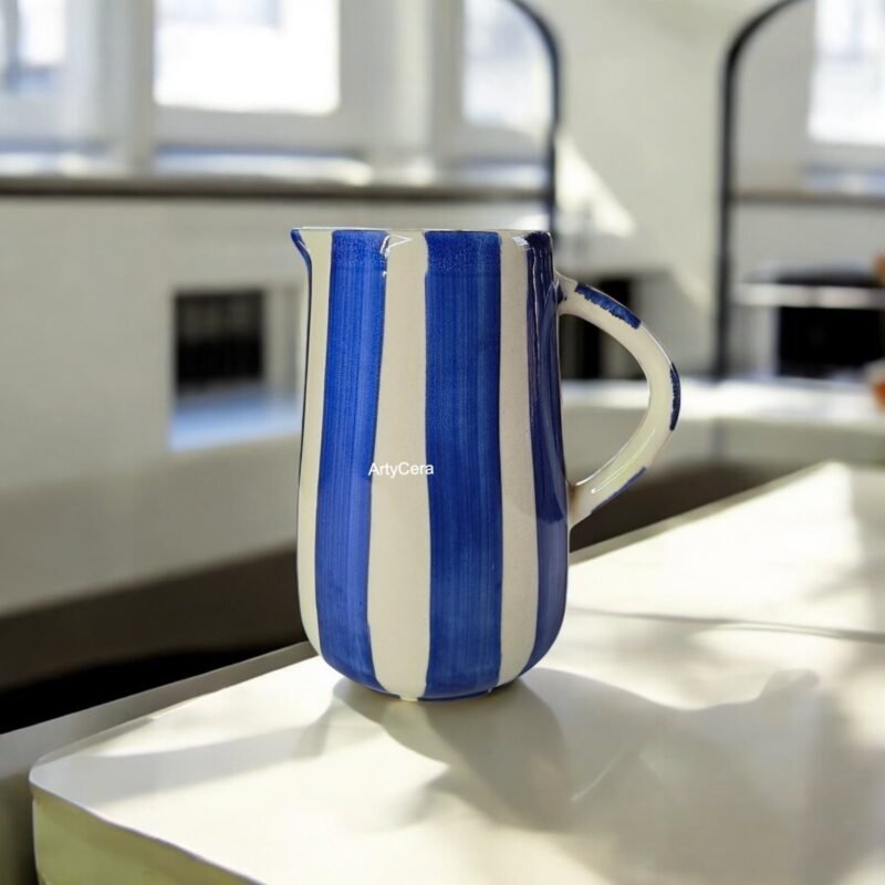 Handpainted blue striped ceramic jug – 1 litre microwave safe beverage pitcher by ArtyCera