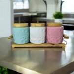 Ceramic Storage Jar Set of 3 (500 ml Each) with Wooden Lids & Tray | White, Green & Pink Kitchen Jars