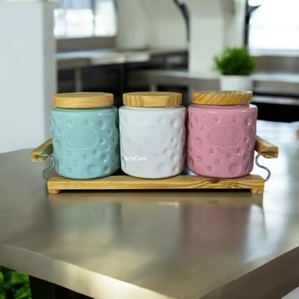 Ceramic Storage Jar Set of 3 (500 ml Each) with Wooden Lids & Tray | White, Green & Pink Kitchen Jars