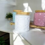 Ceramic Storage Jar Set of 3 (500 ml Each) with Wooden Lids & Tray | White, Green & Pink Kitchen Jars - Image 4