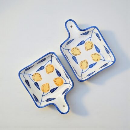 Handcrafted Ceramic Baking & Serving Tray with Handle, 7.5 x 5.5 Inch | Oven, Microwave & Dishwasher Safe Square Ceramic Dish | Hand-Painted Blue Floral Bakeware for Kitchen & Gifting | 1 Piece in Pack