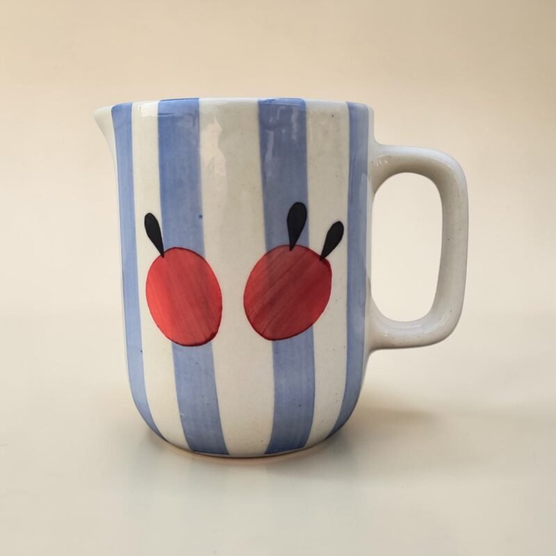 Handpainted ceramic mini jug with blue stripe tomato design – 450 ml pouring pitcher by ArtyCera