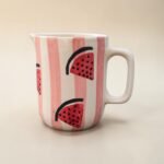 Handpainted ceramic mini jug with pink stripe watermelon design – 450 ml serving pitcher by ArtyCera
