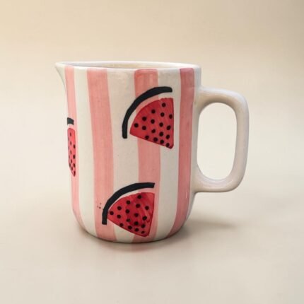 Handpainted ceramic mini jug with pink stripe watermelon design – 450 ml serving pitcher by ArtyCera