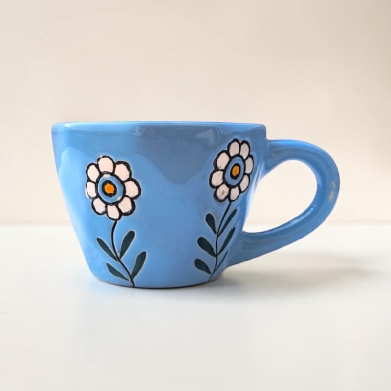 Blue floral ceramic tea cup with matching saucer