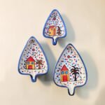 Hand-Painted Ceramic Triangle Snack Plate Set (3 Pieces) | Village Theme Nesting Dip & Serving Plates