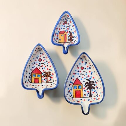 Hand-Painted Ceramic Triangle Snack Plate Set (3 Pieces) | Village Theme Nesting Dip & Serving Plates