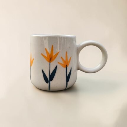 Hand-Painted Ceramic Mug (220 ml) with Yellow Floral Design | Circular Handle Tea & Coffee Mug