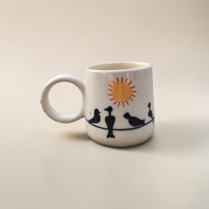 Hand-Painted Ceramic Mug with Birds & Sun Design | Minimal Aesthetic Coffee & Tea Mug