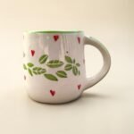 Hand-Painted Ceramic Mug (220 ml) with Green Leaf & Red Heart Design | Cute Tea & Coffee Mug