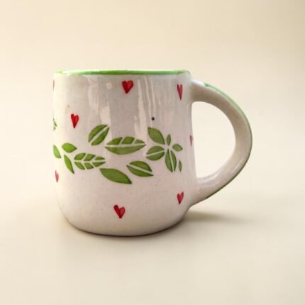 Hand-Painted Ceramic Mug (220 ml) with Green Leaf & Red Heart Design | Cute Tea & Coffee Mug