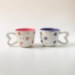 Set of 2 Handpainted Ceramic Cups – Pink & Lavender Floral Design with Heart Handle | 180 ml