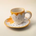 Hand-Painted Ceramic Mug & Strawberry-Shaped Saucer Set (200 ml) | Yellow & White Cute Tea & Coffee Set