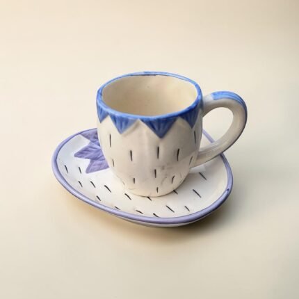 Hand-Painted Ceramic Mug & Strawberry-Shaped Saucer Set (200 ml) | Blue & White Cute Tea & Coffee Set