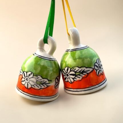 Hand-Painted Ceramic Hanging Bells (Set of 2) | Floral Green & Orange Decorative Bells