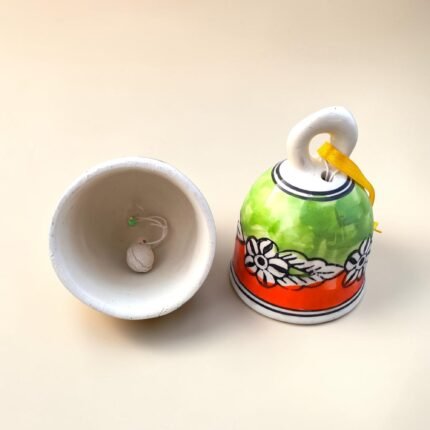 Decorative ceramic hanging bells with green and orange floral design