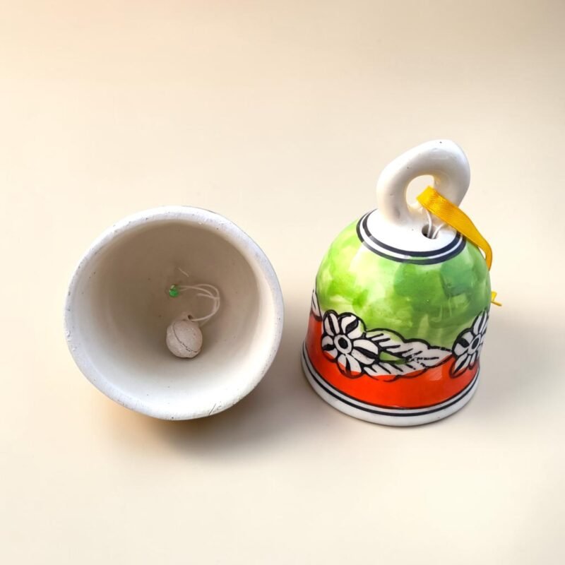 Decorative ceramic hanging bells with green and orange floral design