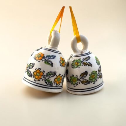 Hand-Painted Ceramic Hanging Bells (Set of 2) | Yellow & Green Floral Decorative Bells
