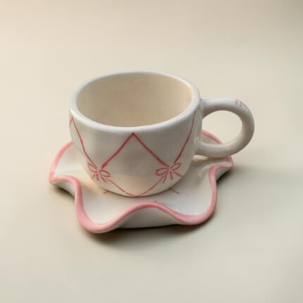 Hand-Painted Ceramic Cup & Saucer Set (200 ml) – White & Pink Bow Design | Tea & Coffee Set