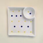 Hand-Painted Ceramic Snack Tray with Dip Bowl | White Serving Plate with Blue & Yellow Polka Dots