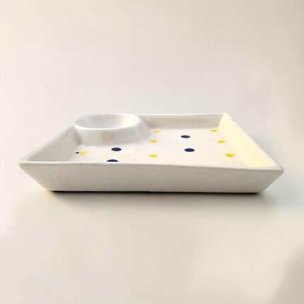 White ceramic serving tray with dip bowl for snacks, sauces and chutneys