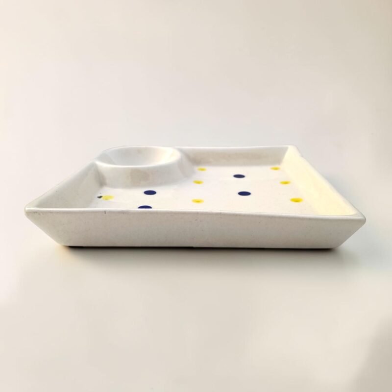 White ceramic serving tray with dip bowl for snacks, sauces and chutneys
