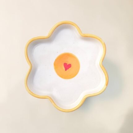 Hand-Painted Ceramic Snack Plate | Flower Shape Snack Plate with Heart Detail | 6 inches