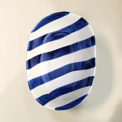 Hand-Painted Ceramic Serving Bowl – Dark Blue Striped | Elegant Snack Bowl