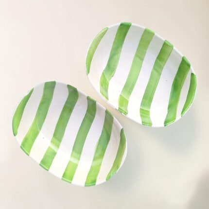 Green striped ceramic bowl for everyday table serving